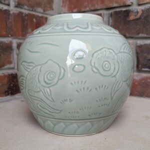 Vintage Chinese Celadon Green Koi Fish Relief Ceramic Vase Asian Art Decor